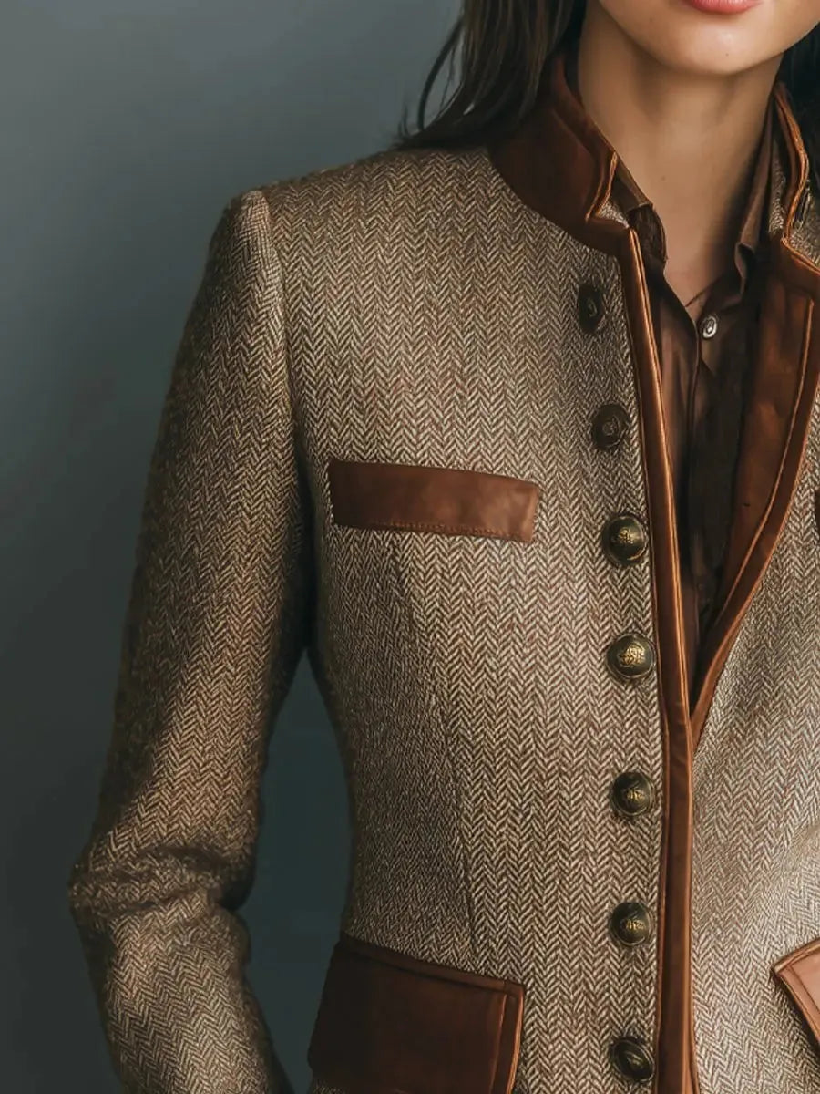 Brown Women's Herringbone Tweed Blazer with Leather Trim & Button-Front Design — Fleur - Close Up Collar Detail