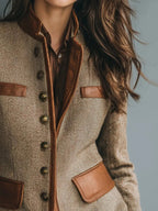 Brown Women's Herringbone Tweed Blazer with Leather Trim & Button-Front Design — Fleur - Close Up Pocket Trim