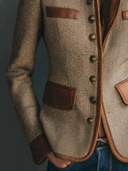 Brown Women's Herringbone Tweed Blazer with Leather Trim & Button-Front Design — Fleur - Side Sleeve Detail