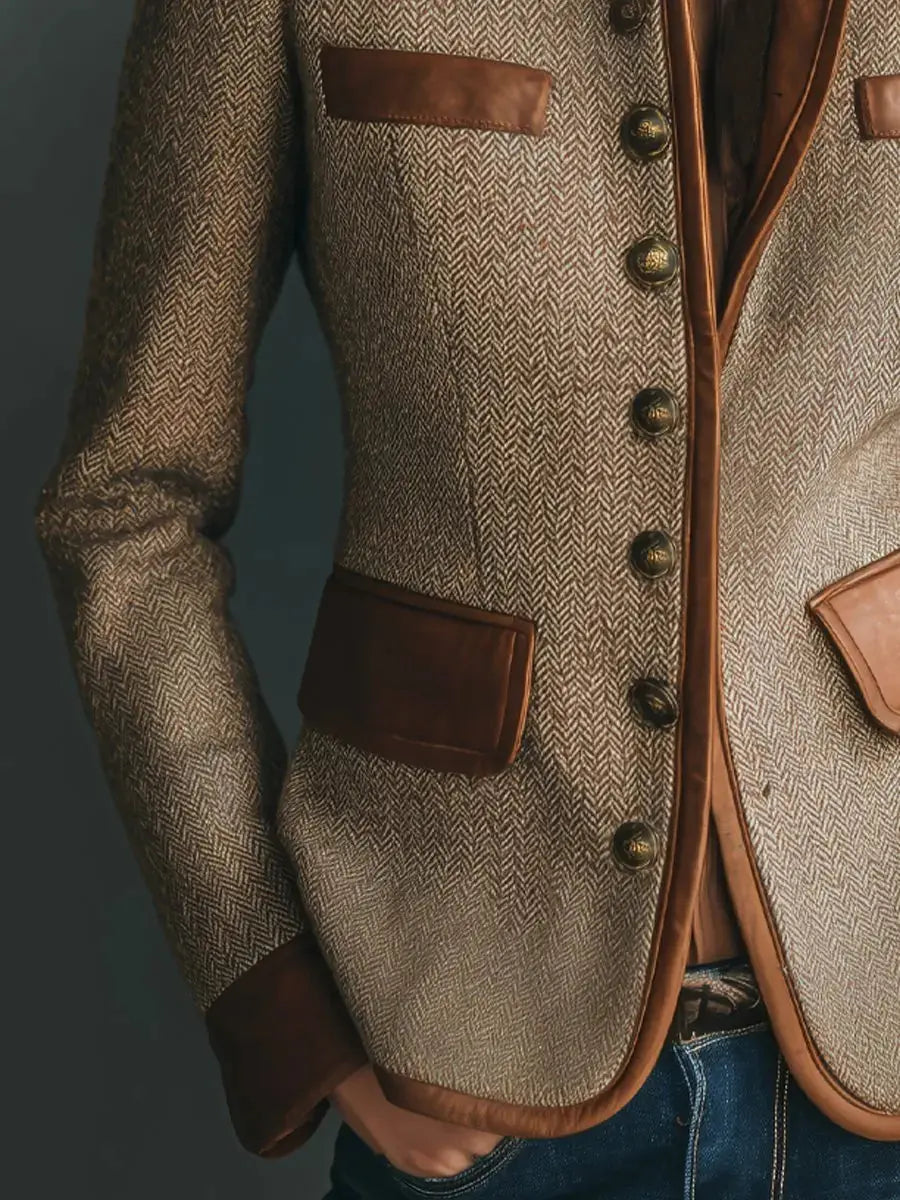 Brown Women's Herringbone Tweed Blazer with Leather Trim & Button-Front Design — Fleur - Side Sleeve Detail