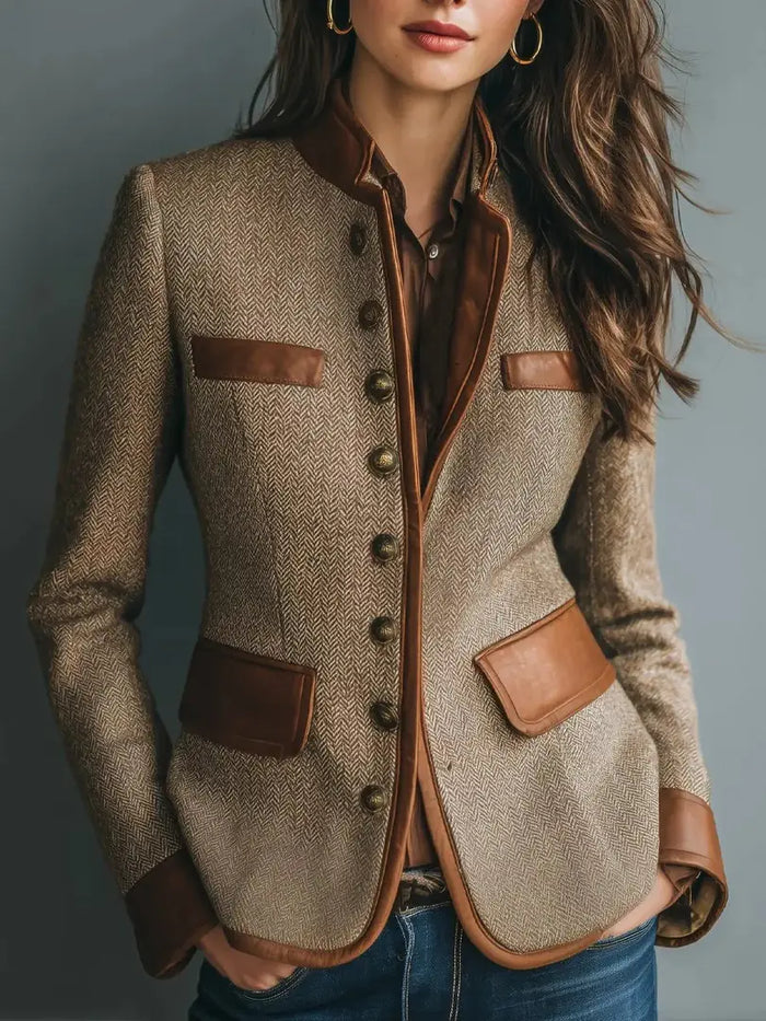 Brown Women's Herringbone Tweed Blazer with Leather Trim & Button-Front Design