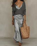 Grey Women's Two Piece Midi Dress Set with Adjustable-Strap Satin Slip & V-Neck Sweater