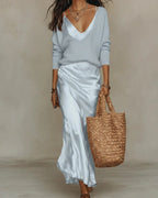 Light Blue Women's Two Piece Midi Dress Set with Adjustable-Strap Satin Slip & V-Neck Sweater
