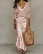 Pink Women's Two Piece Midi Dress Set with Adjustable-Strap Satin Slip & V-Neck Sweater