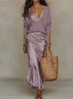 Lilac Women's Two Piece Midi Dress Set with Adjustable-Strap Satin Slip & V-Neck Sweater - Cropped Body View