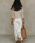 White Women's Two Piece Midi Dress Set with Adjustable-Strap Satin Slip & V-Neck Sweater — Sable - Back Full View