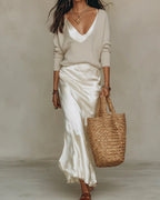 White Women's Two Piece Midi Dress Set with Adjustable-Strap Satin Slip & V-Neck Sweater — Sable - Full Body Walking