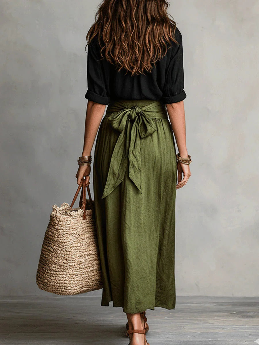 Black Women's Two Piece Top and Midi Skirt Set with Button-Front Shirt & Tie-Waist Skirt — Marlowe - Green Back Full