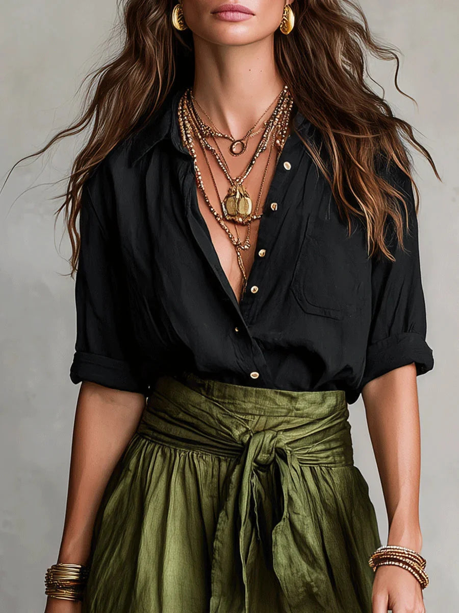 Black Women's Two Piece Top and Midi Skirt Set with Button-Front Shirt & Tie-Waist Skirt — Marlowe - Green Close Up Neckline