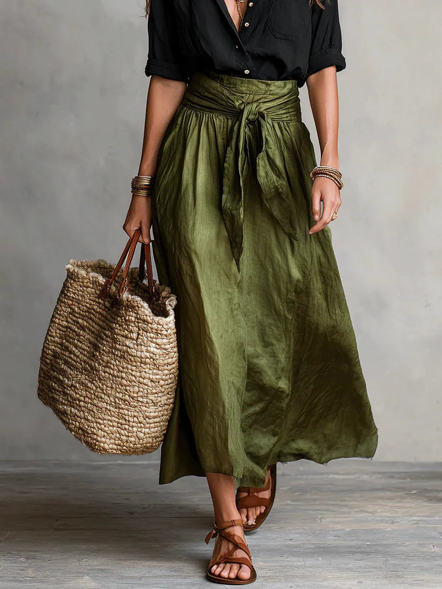 Black Women's Two Piece Top and Midi Skirt Set with Button-Front Shirt & Tie-Waist Skirt — Marlowe - Green Close Up Waist Tie