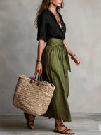 Black Women's Two Piece Top and Midi Skirt Set with Button-Front Shirt & Tie-Waist Skirt — Marlowe - Green Side Pose