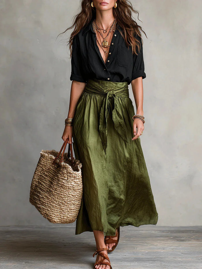 Black Women's Two Piece Top and Midi Skirt Set with Button-Front Shirt & Tie-Waist Skirt — Marlowe - Green