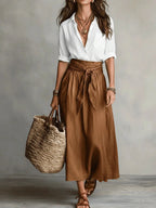 Brown Women's Two Piece Top and Midi Skirt Set with Button-Front Shirt & Tie-Waist Skirt — Marlowe