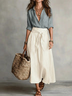 Light Blue Women's Two Piece Top and Midi Skirt Set with Button-Front Shirt & Tie-Waist Skirt — Marlowe