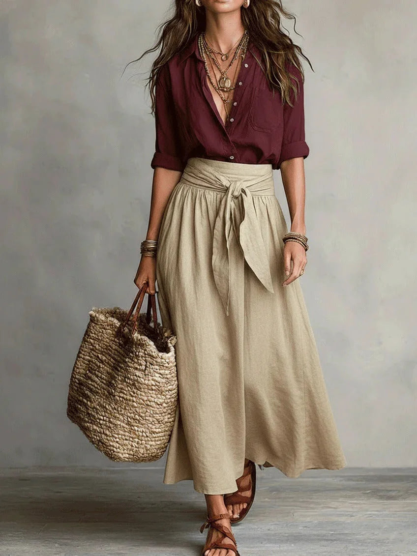 Red Women's Two Piece Top and Midi Skirt Set with Button-Front Shirt & Tie-Waist Skirt — Marlowe