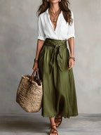 White Women's Two Piece Top and Midi Skirt Set with Button-Front Shirt & Tie-Waist Skirt — Marlowe