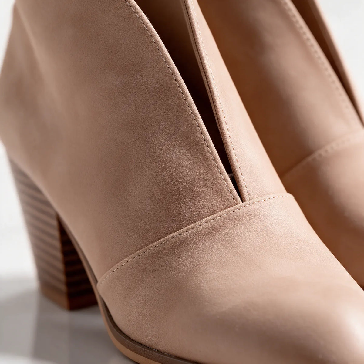 Women's V Cut Ankle Boots with Cushioned Footbed & Stacked Block Heel - Close Up V Cut Detail