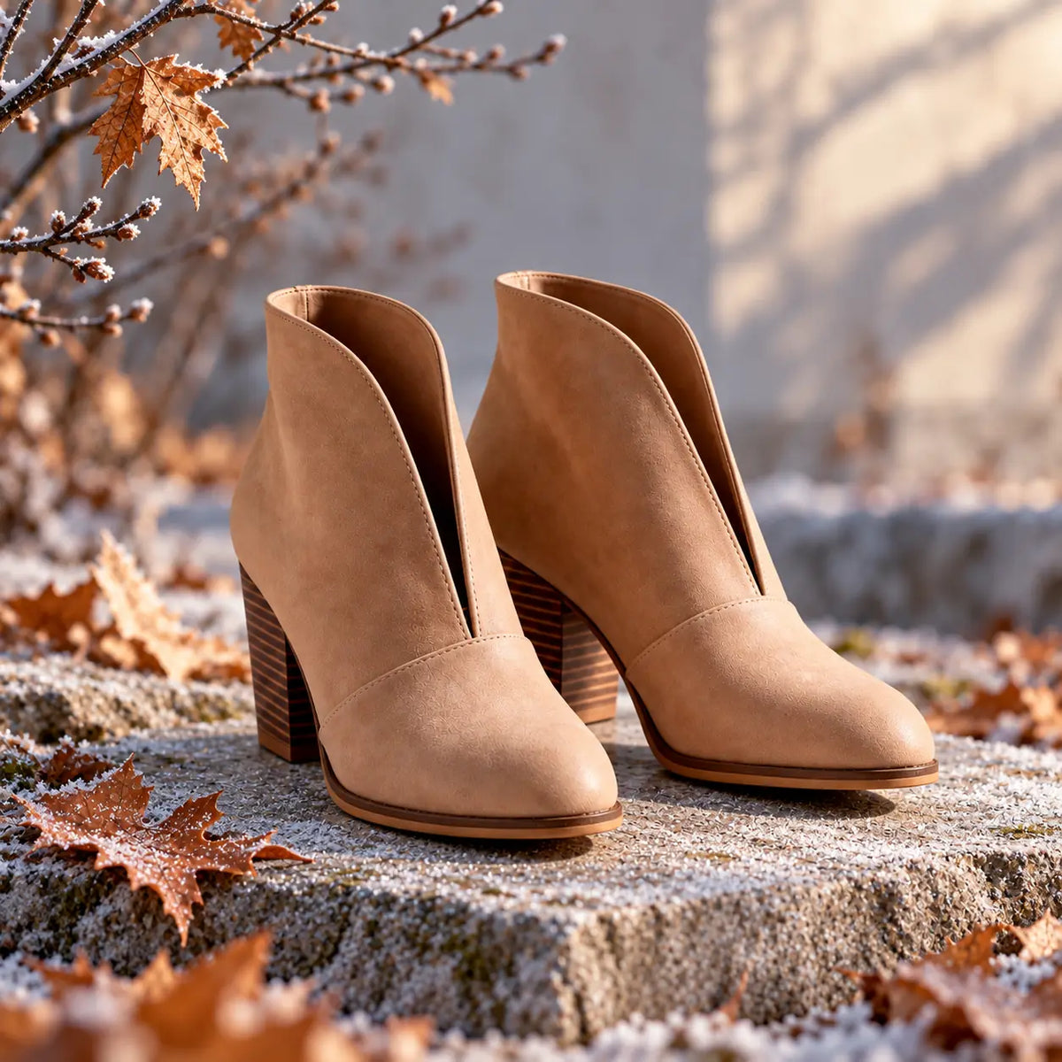 Women's V Cut Ankle Boots with Cushioned Footbed & Stacked Block Heel - Outdoor Autumn Leaves
