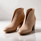 Beige Women's V Cut Ankle Boots with Cushioned Footbed & Stacked Block Heel