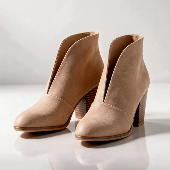 Beige Women's V Cut Ankle Boots with Cushioned Footbed & Stacked Block Heel