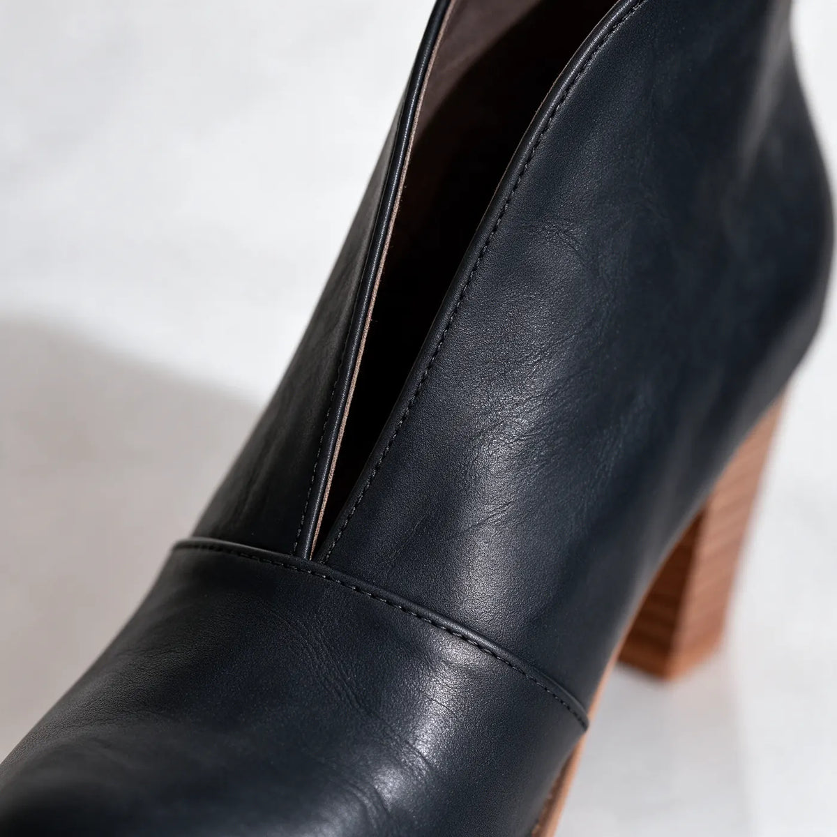 Women's V Cut Ankle Boots with Cushioned Footbed & Stacked Block Heel - Close Up Heel Detail