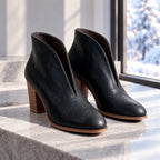 Women's V Cut Ankle Boots with Cushioned Footbed & Stacked Block Heel - Front Full Marble Ledge