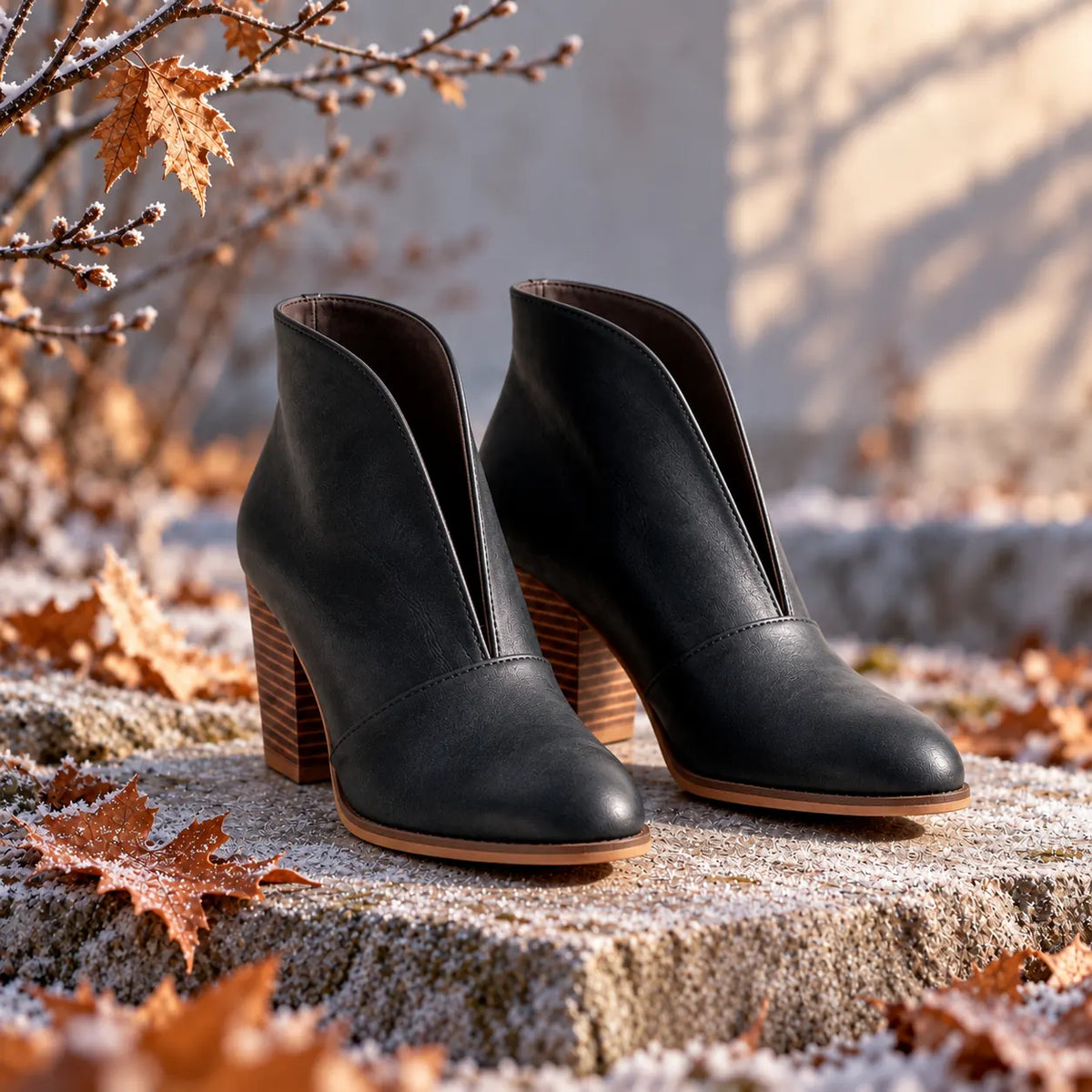 Women's V Cut Ankle Boots with Cushioned Footbed & Stacked Block Heel - Outdoor Autumn Leaves