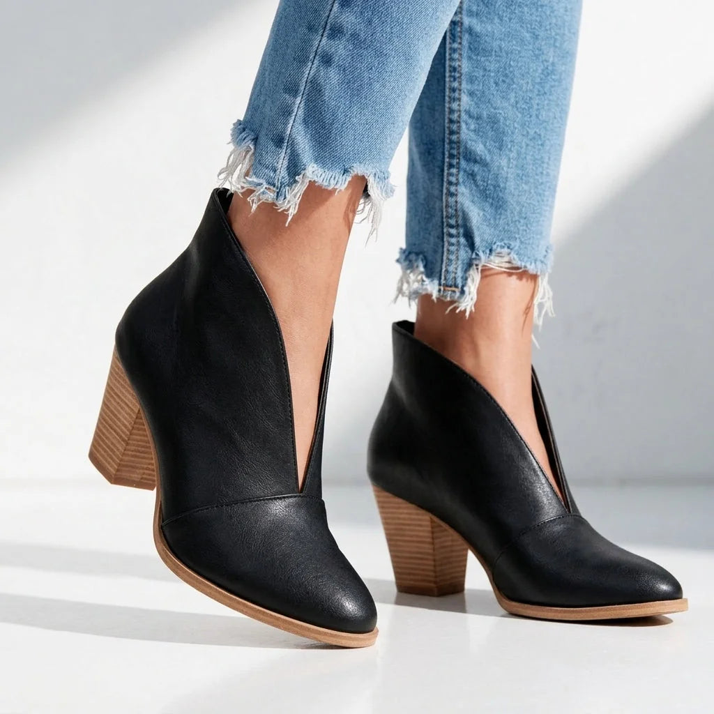 Women's V Cut Ankle Boots with Cushioned Footbed & Stacked Block Heel - Worn Lifestyle Cropped Jeans