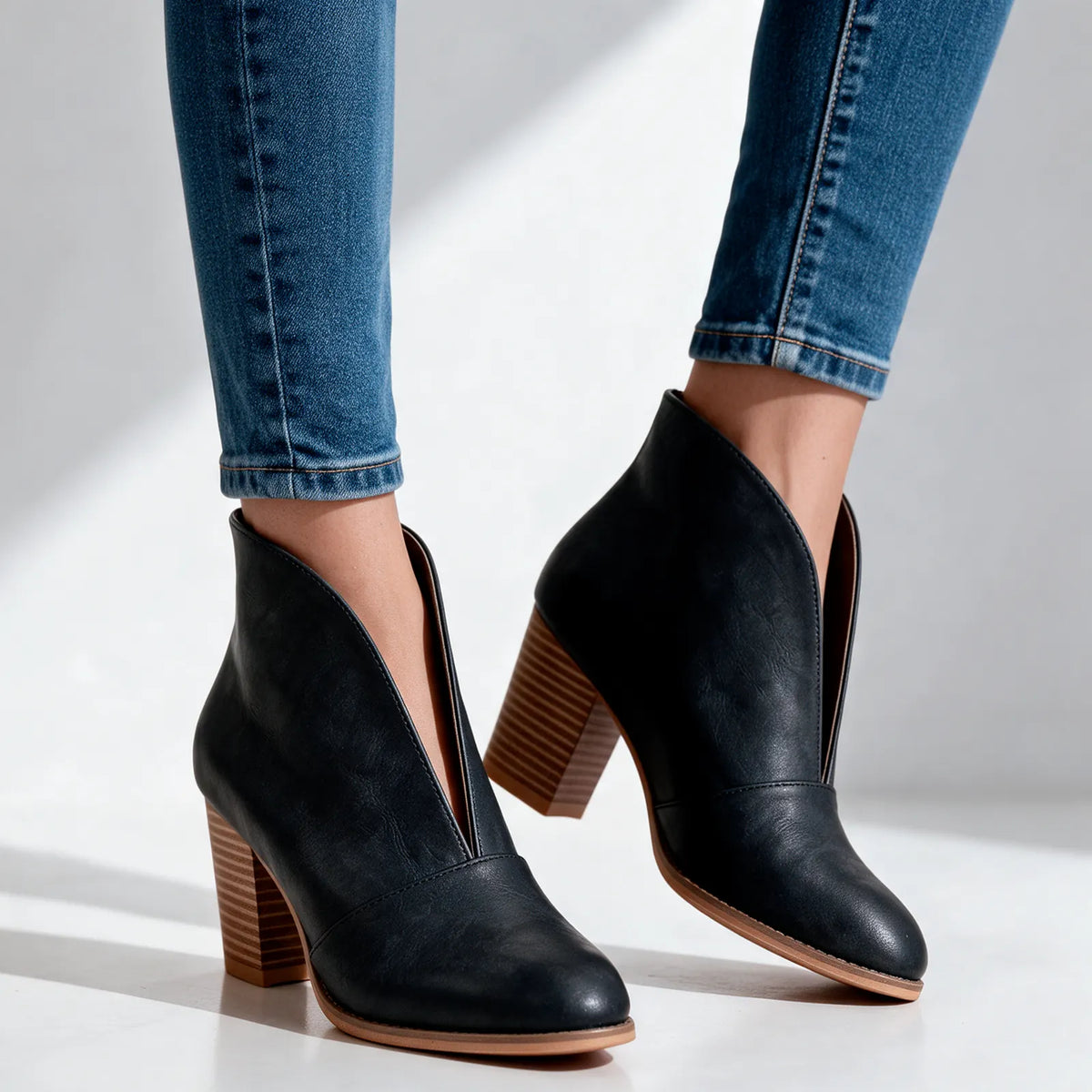 Women's V Cut Ankle Boots with Cushioned Footbed & Stacked Block Heel - Worn Lifestyle Side Step