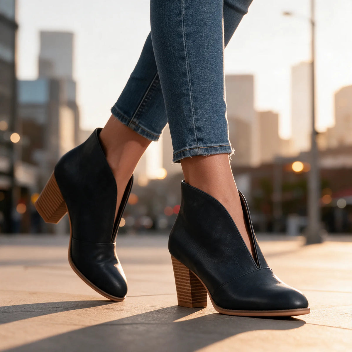 Women's V Cut Ankle Boots with Cushioned Footbed & Stacked Block Heel - Worn Outdoor City Dusk