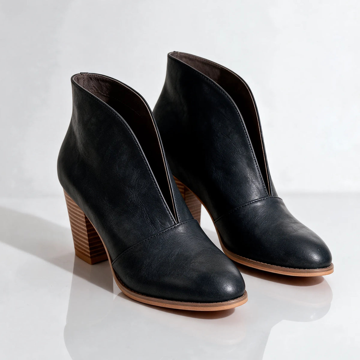 Black Women's V Cut Ankle Boots with Cushioned Footbed & Stacked Block Heel