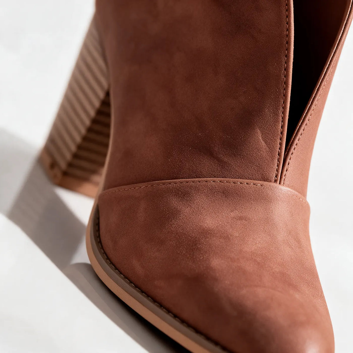 Women's V Cut Ankle Boots with Cushioned Footbed & Stacked Block Heel - Close Up Toe Detail