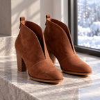 Women's V Cut Ankle Boots with Cushioned Footbed & Stacked Block Heel - Front Full Window Ledge