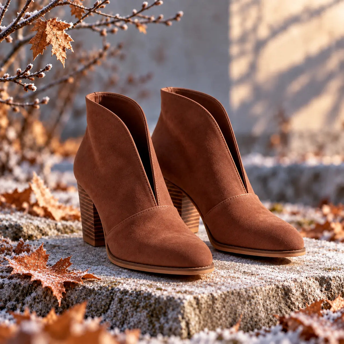 Women's V Cut Ankle Boots with Cushioned Footbed & Stacked Block Heel - Outdoor Autumn Leaves