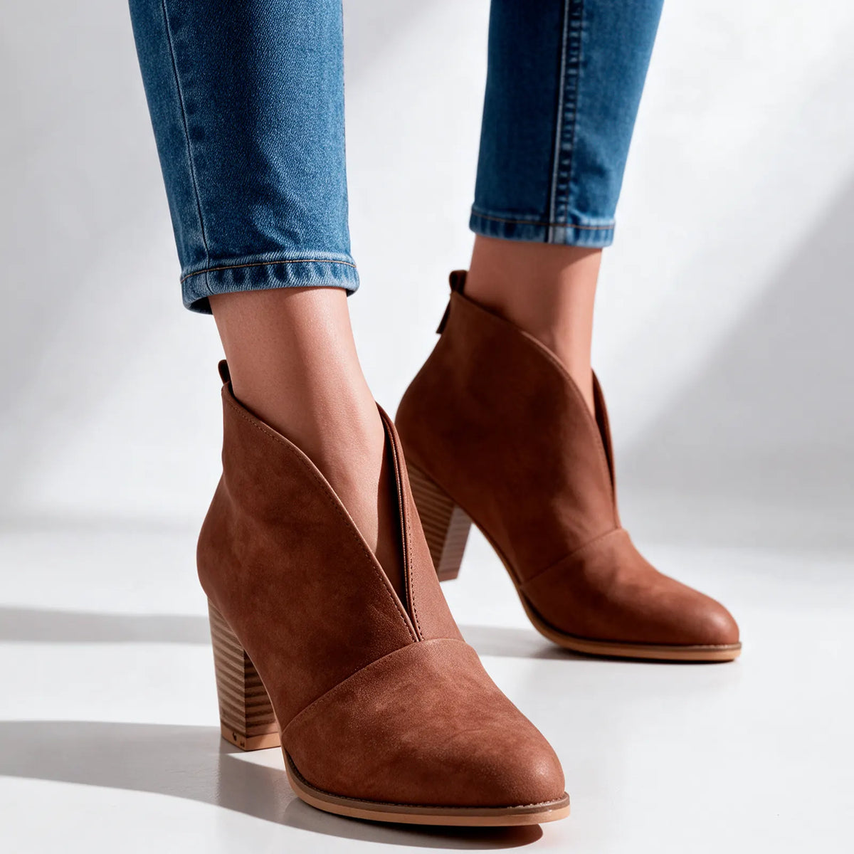 Women's V Cut Ankle Boots with Cushioned Footbed & Stacked Block Heel - Worn Lifestyle Standing