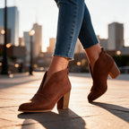 Women's V Cut Ankle Boots with Cushioned Footbed & Stacked Block Heel - Worn Outdoor City Pavement