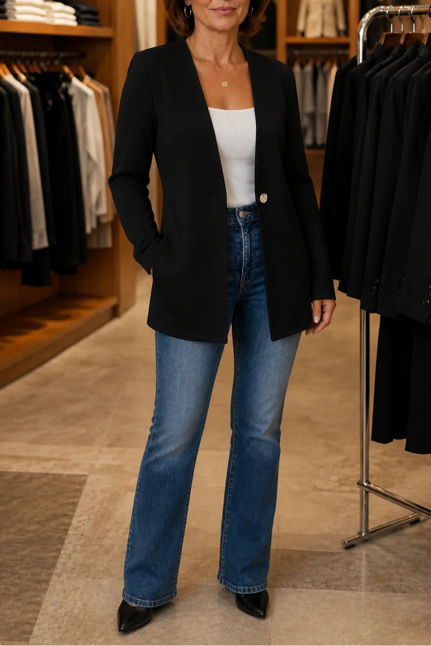 Black Women's V-Neck Blazer with Single-Button Closure & A-Line Fit