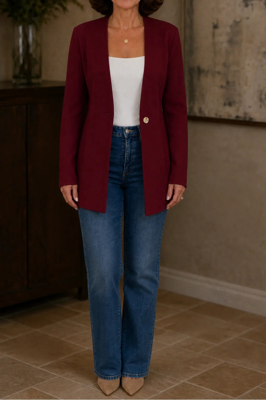 Burgundy Women's V-Neck Blazer with Single-Button Closure & A-Line Fit