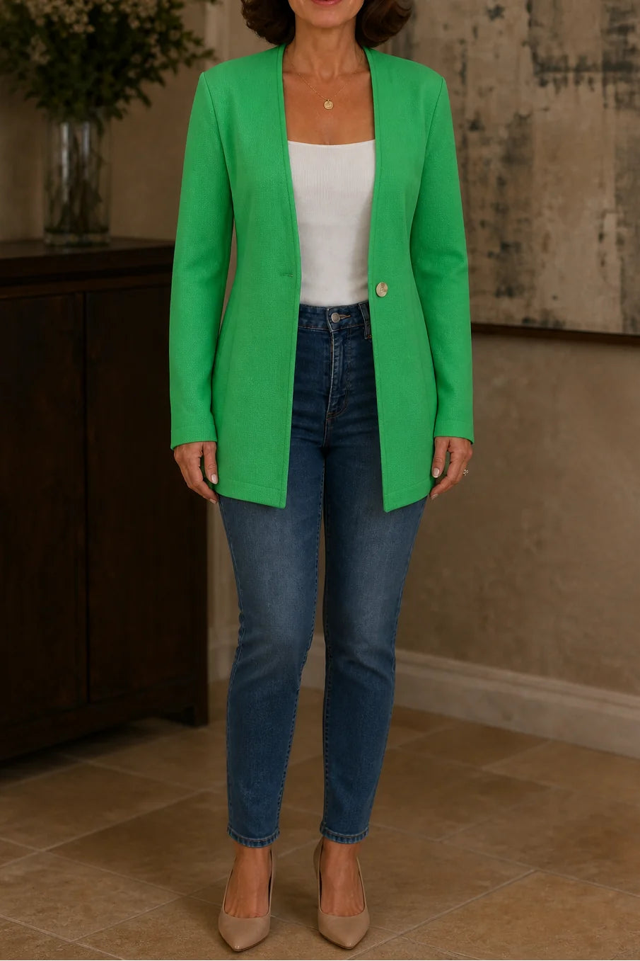 Green Women's V-Neck Blazer with Single-Button Closure & A-Line Fit