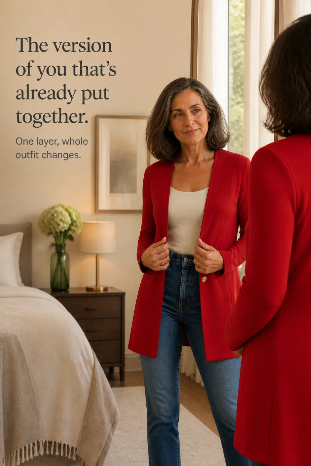 Women's V-Neck Blazer with Single-Button Closure & A-Line Fit - Red Bedroom Mirror Scene