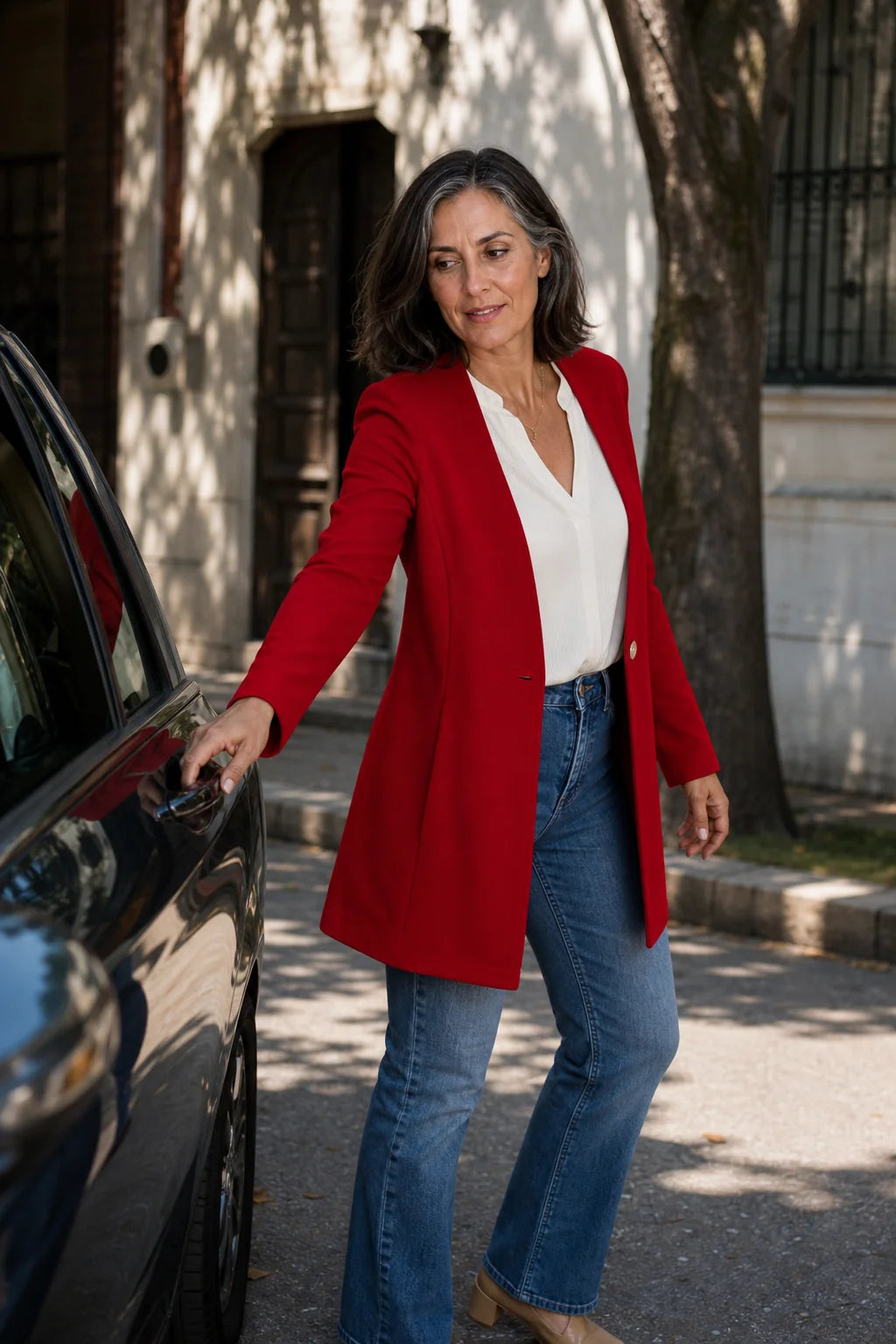 Women's V-Neck Blazer with Single-Button Closure & A-Line Fit - Red Car Door Street Scene