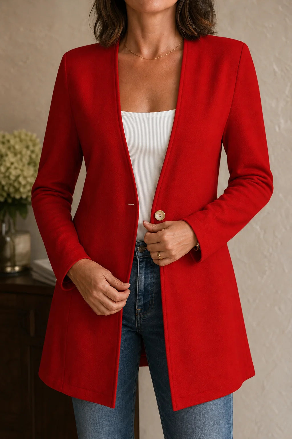 Orange Red Women's V-Neck Blazer with Single-Button Closure & A-Line Fit - Front Close Up Button