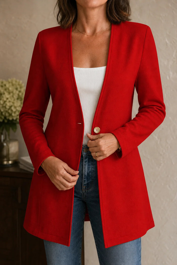 Orange Red Women's V-Neck Blazer with Single-Button Closure & A-Line Fit - Front Close Up Button