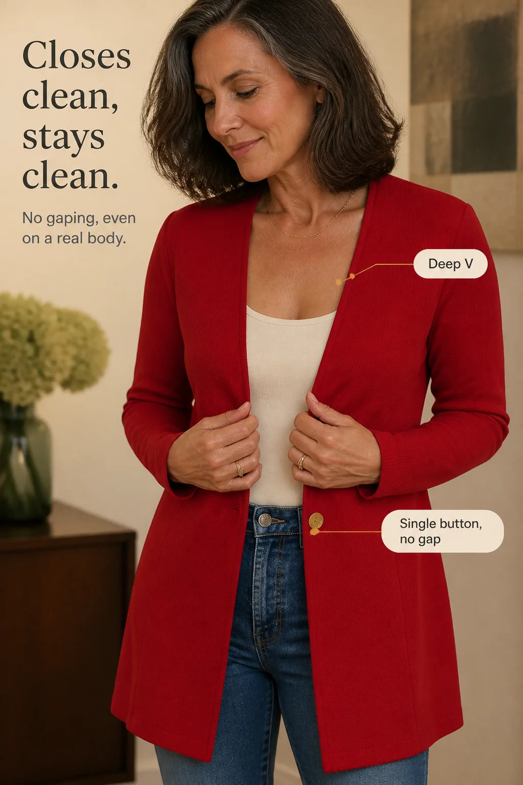 Women's V-Neck Blazer with Single-Button Closure & A-Line Fit - Red Infographic Deep V Closure