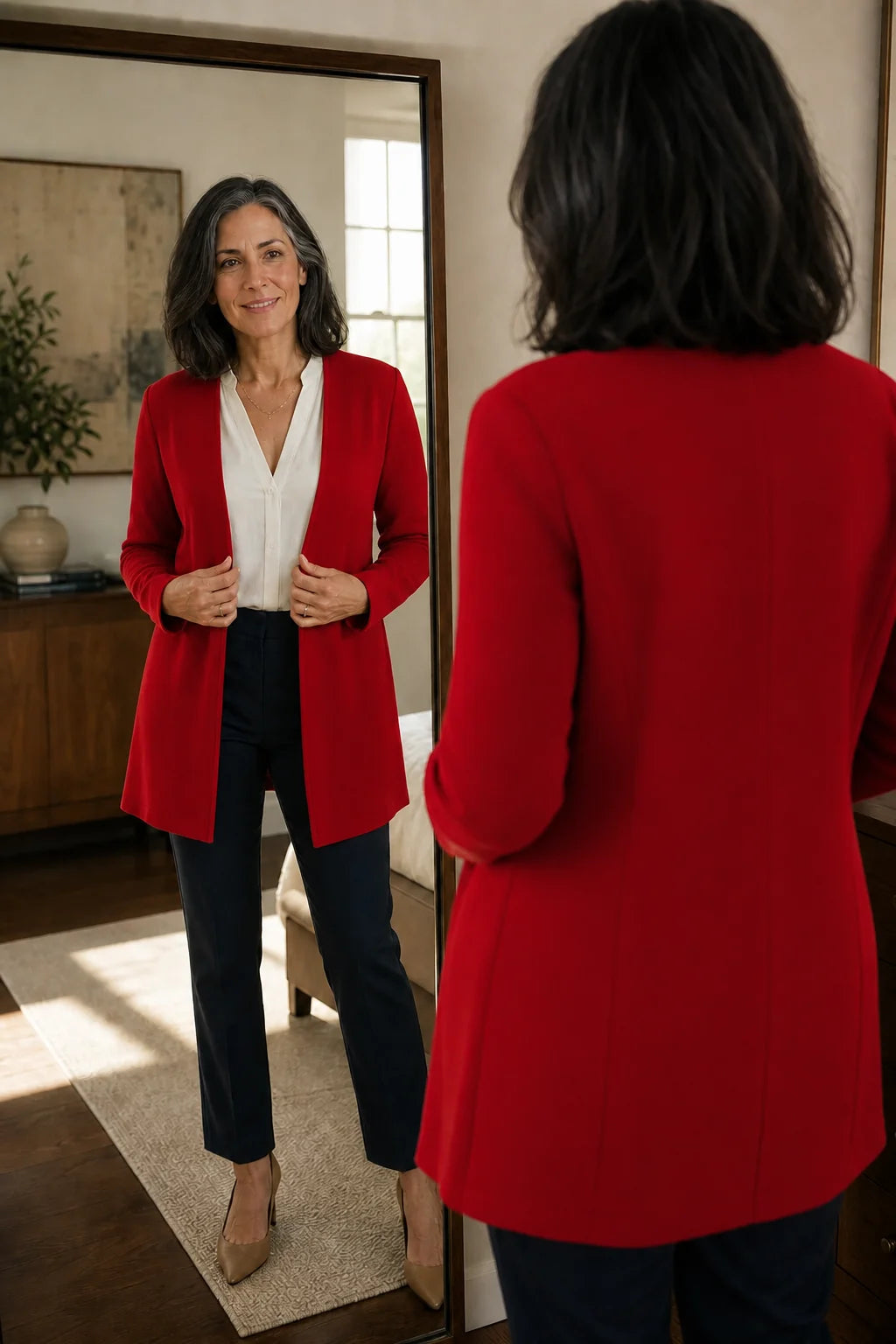 Women's V-Neck Blazer with Single-Button Closure & A-Line Fit - Red Mirror Reflection Pose