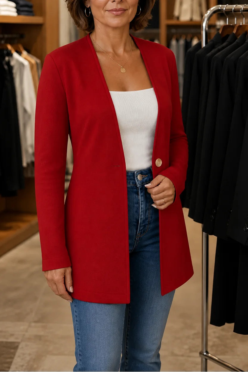 Women's V-Neck Blazer with Single-Button Closure & A-Line Fit - Red