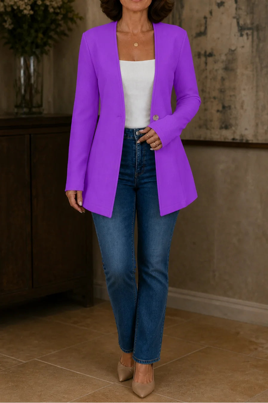 Purple Women's V-Neck Blazer with Single-Button Closure & A-Line Fit