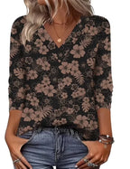 Black Women's V-Neck Tunic Tops — Alexis Relaxed-Fit Three-Quarter Sleeve Floral - Close Up Print