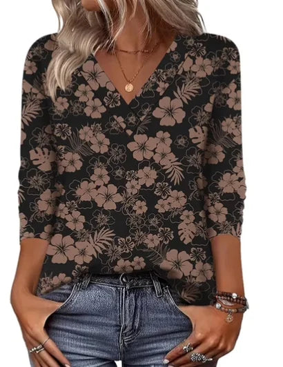 Black Women's V-Neck Tunic Tops — Alexis Relaxed-Fit Three-Quarter Sleeve Floral - Close Up Print