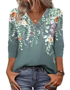Green Women's V-Neck Tunic Tops — Alexis Relaxed-Fit Three-Quarter Sleeve Floral - Close Up Floral